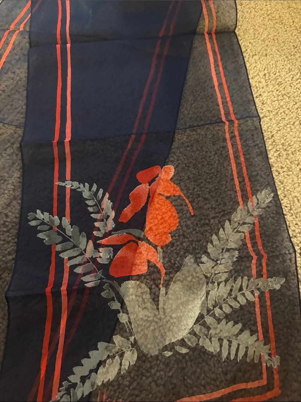 Navy Sheer Scarf with Red Floral Motif